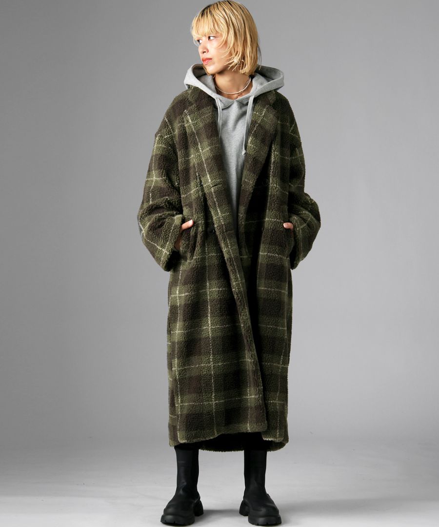 チェック柄 ボアジャケット レディース ロング丈 送料無料・メール便