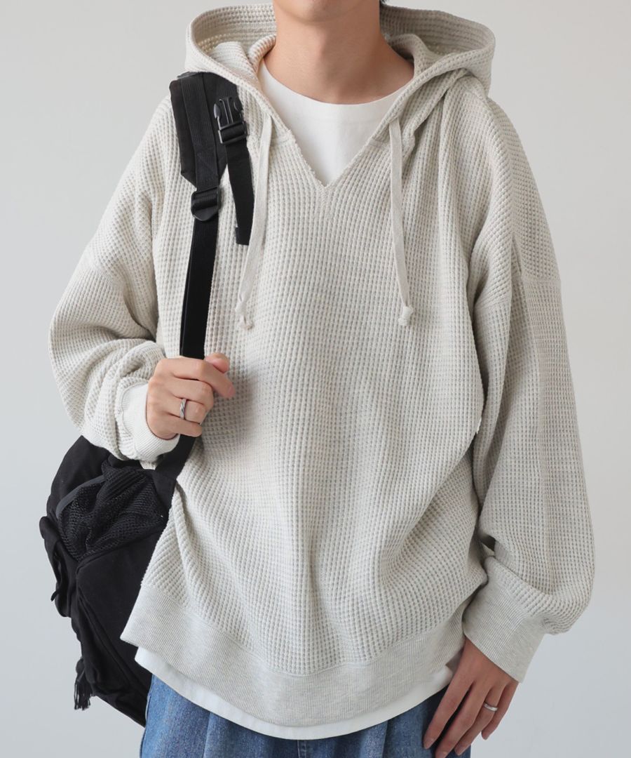 ガゼット風ネックフーディー メンズ 鬼ワッフル 長袖 送料無料・再入荷