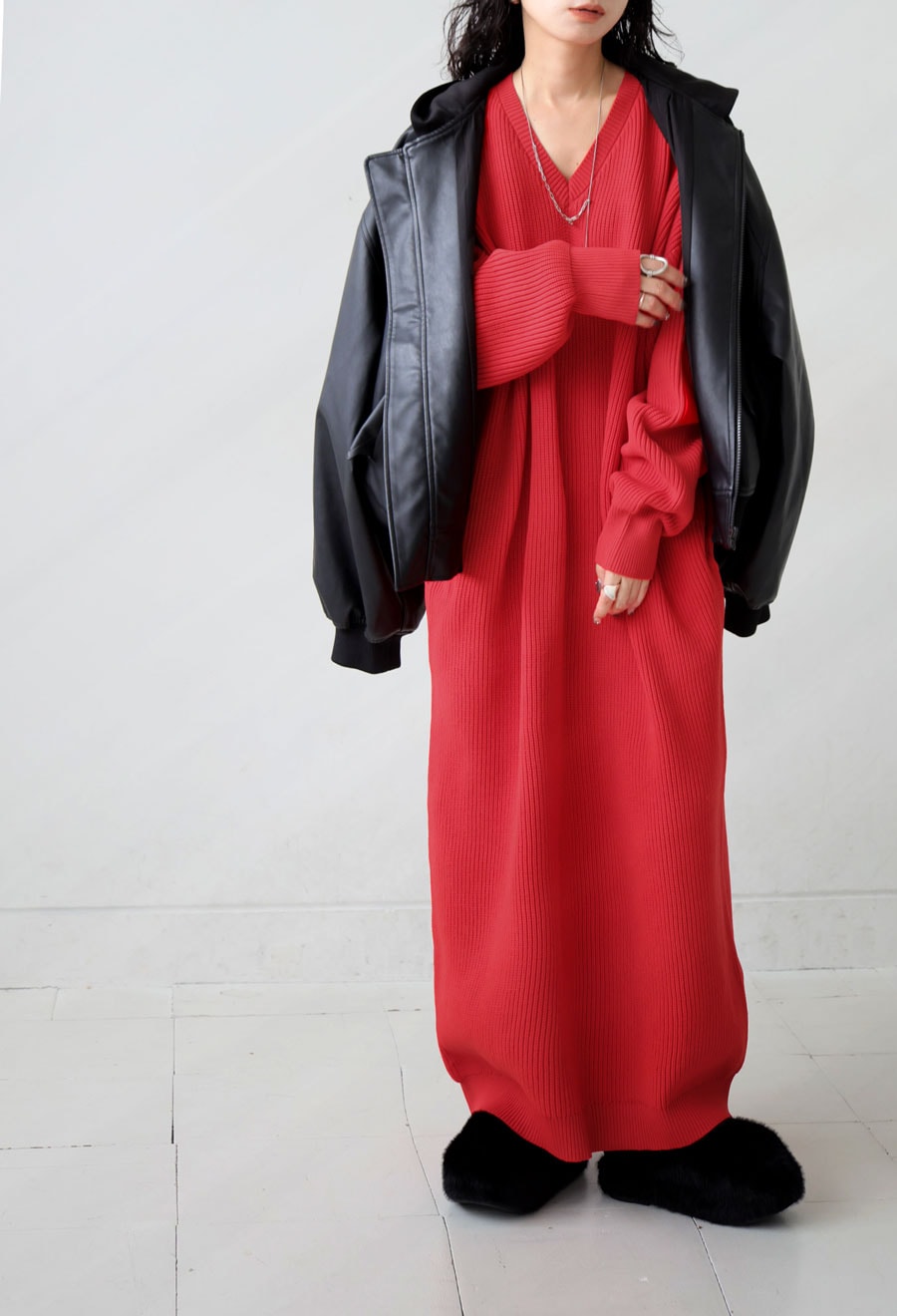 片畦編み ニットワンピース レディース ロング Vネック 送料無料