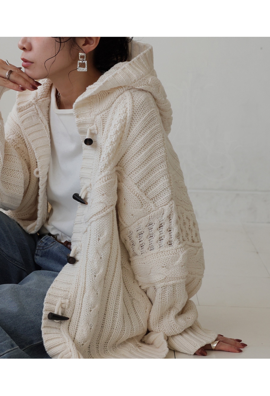 ケーブル編み トグルボタン ニットフーディー レディース 送料無料