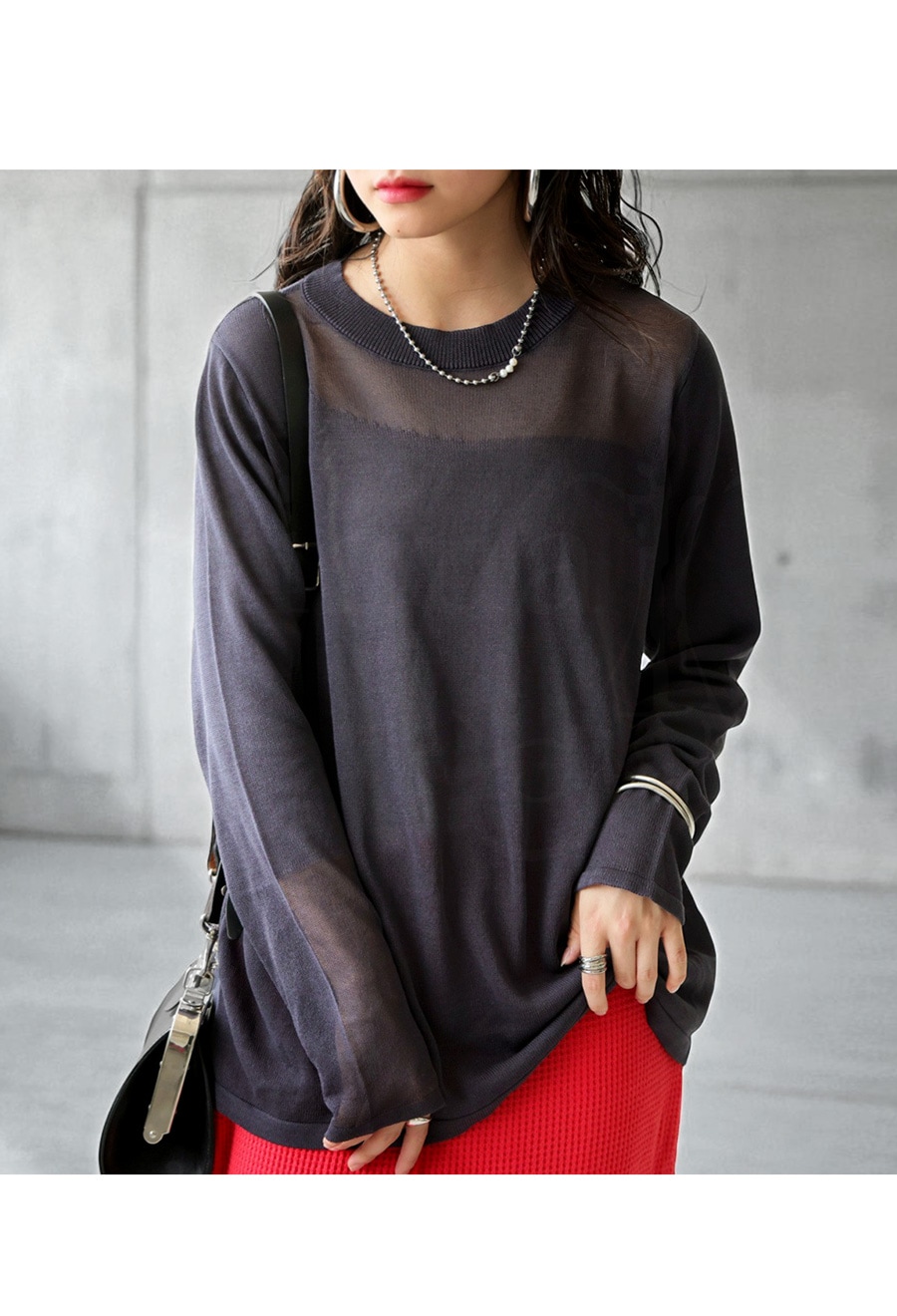 透け感 シアーニット トップス レディース 長袖 クルーネック・(80