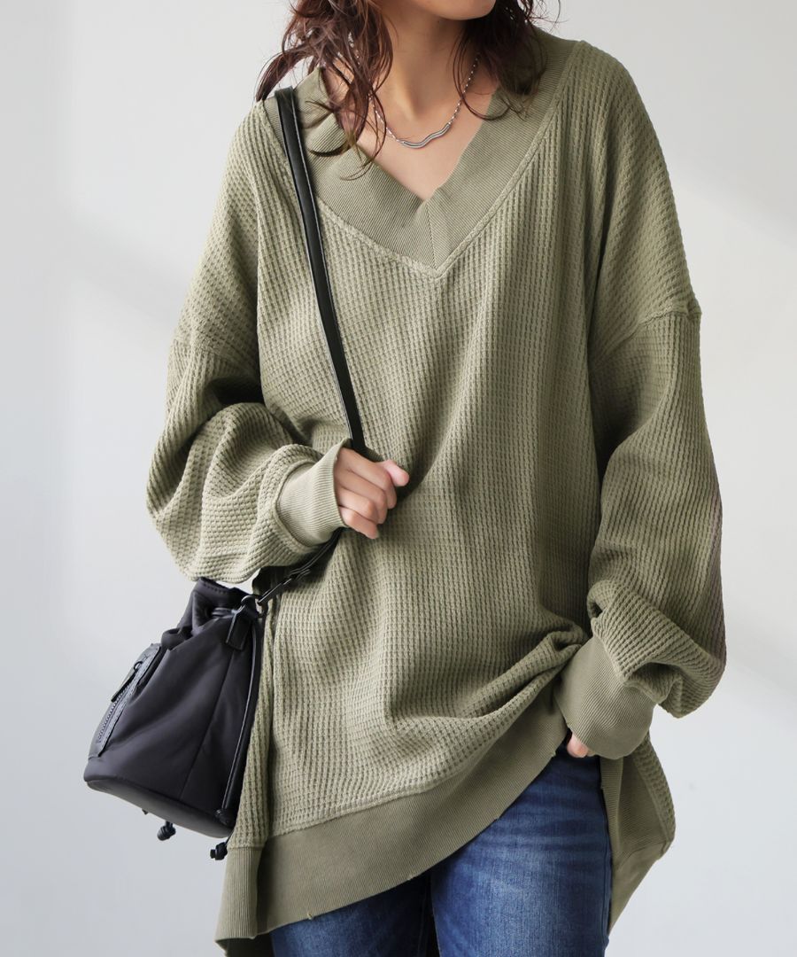 ピグメント加工 鬼ワッフル VネックPO レディース 送料無料・再入荷