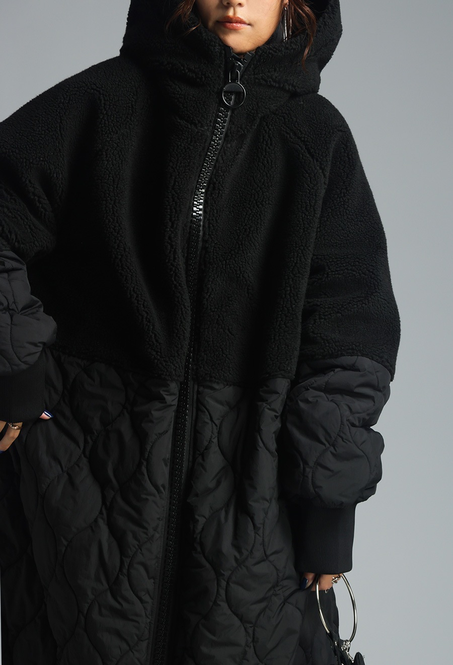 ビッグファスナー ロングコート レディース ボアアウター 送料無料・再