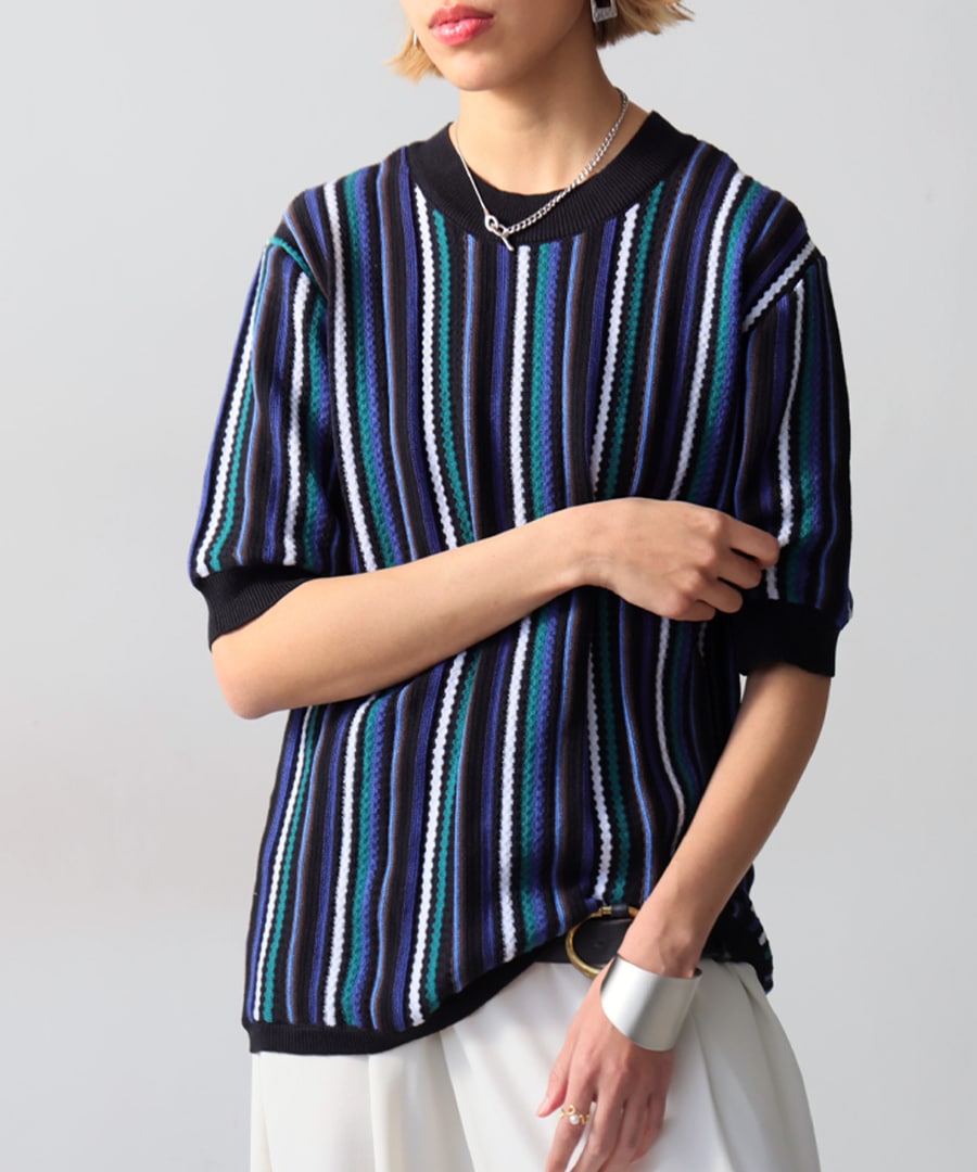 サマーニット ニット レディース トップス 五分袖 ストライプ柄