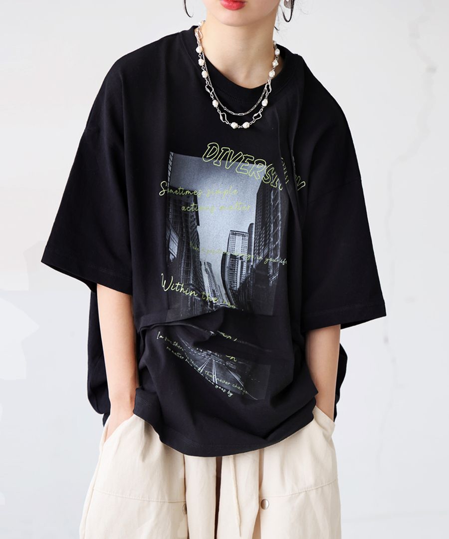 立体タック デザイン Tシャツ レディース 半袖 プリント・(80)メール便