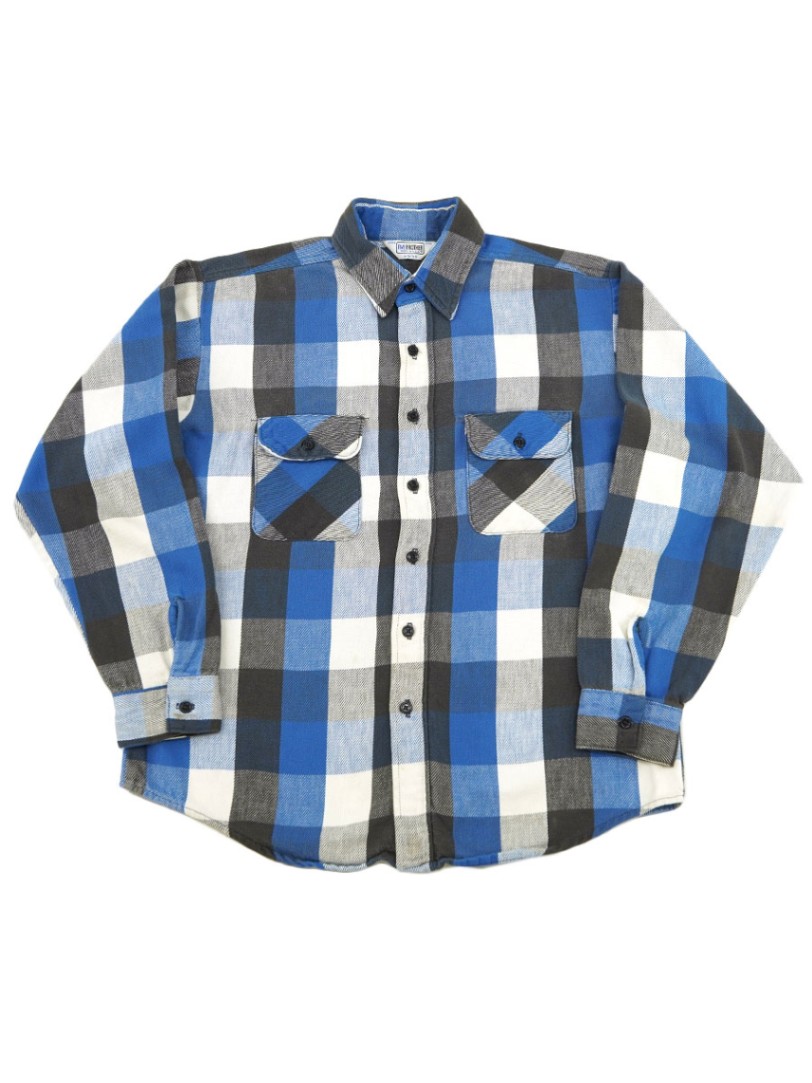 70's FIVEBROTHER 白×黒×青ブロックチェック フランネルシャツ 表記(L