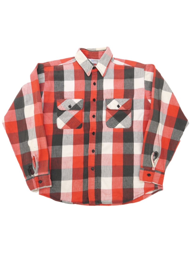 70's FIVEBROTHER 白×黒×赤ブロックチェック フランネルシャツ 表記(L