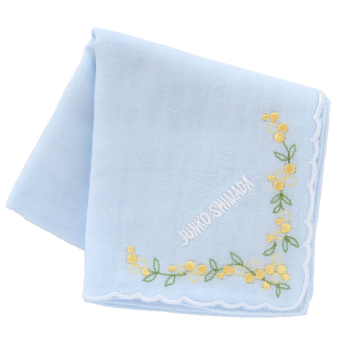 ジュンコシマダ ガーゼハンカチ ミモザ刺繍 ブルー 【JUNKO SHIMADA