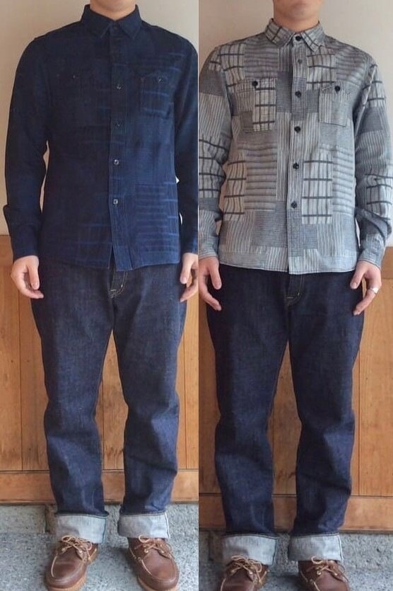 BlueTrick】 メンズワークシャツ 刺子パッチ ID/オフ（メンズ