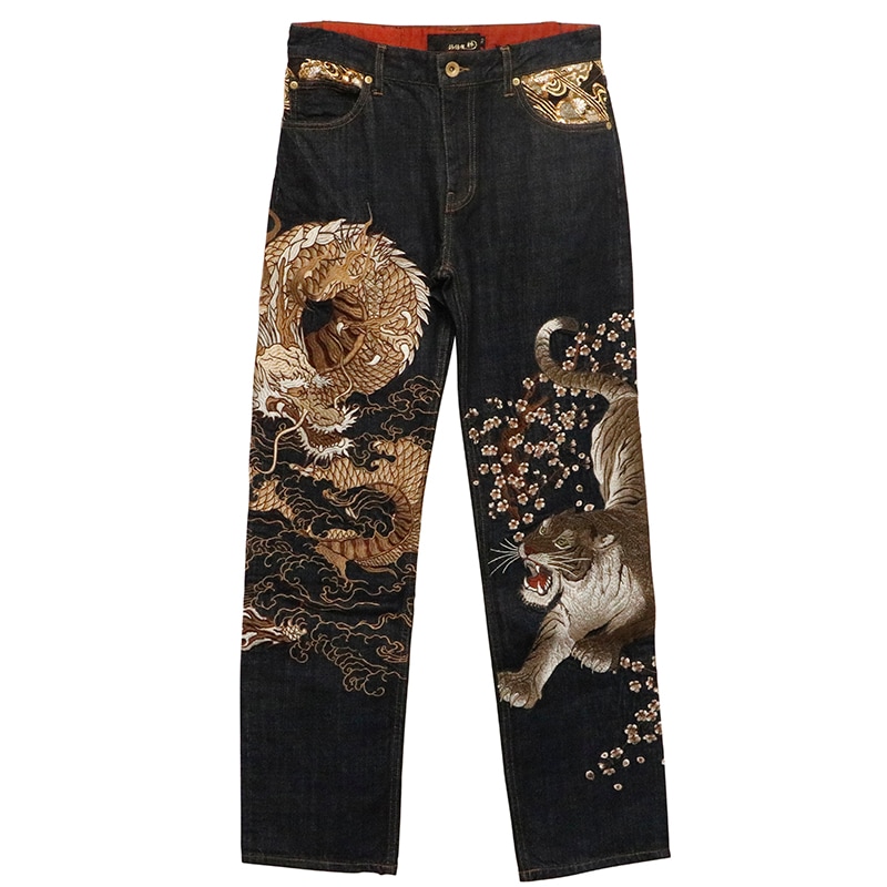 絡繰魂 粋 からくりだましい いき 龍虎 柄 刺繍 和柄 デニムパンツ