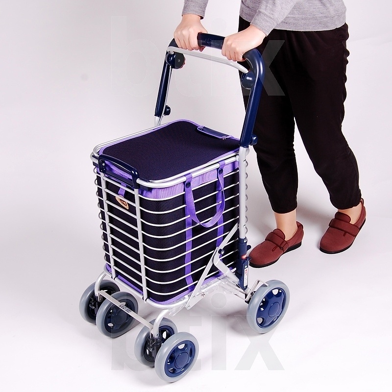 超売れ筋】ブレーキ付きアルミワイヤーカート メッシュ紺 【LINE