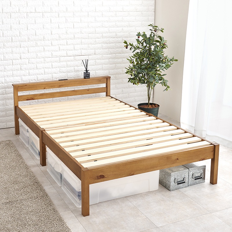 セミダブル】宮付き 簡単3分組立て 天然木すのこベッド パイン材