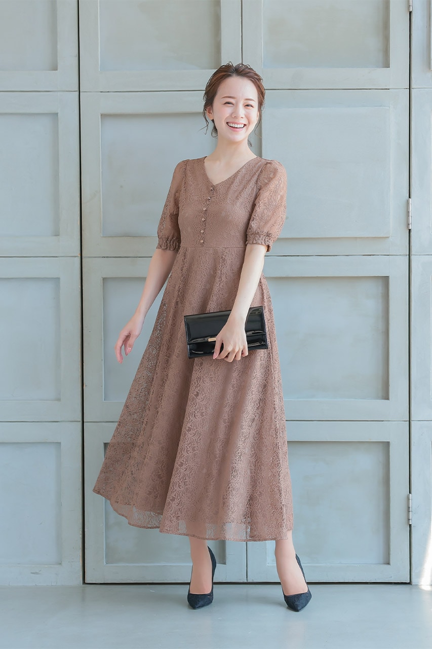 バックレースアップワンピース ブラウン/M｜結婚式のパーティードレス