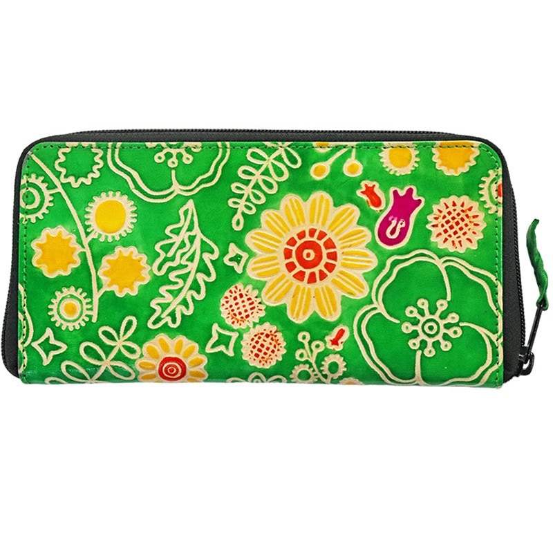 山羊革 長財布 ミモザと花柄（グリーン） | 第3世界ショップ 卸販売用
