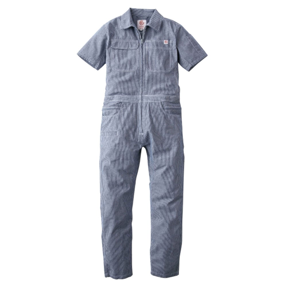 半袖つなぎ レディース 綿麻ストライプフェミニンツナギ グレース