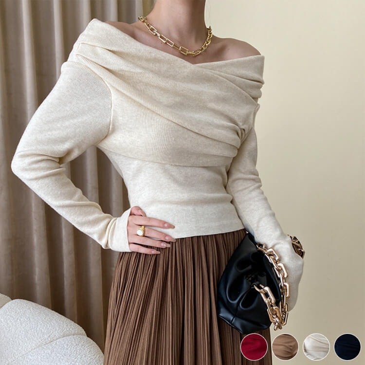 アンシンメトリー クロスオフショルダー ニットトップス | レディース