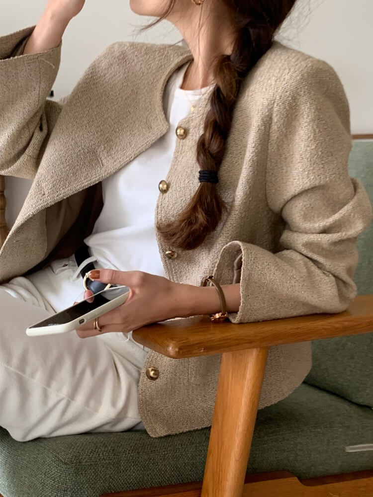 ノーカラー ゴールドボタン ツイードジャケット | レディース