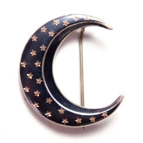 シルバー ニエロ細工 星模様 ムーンブローチ