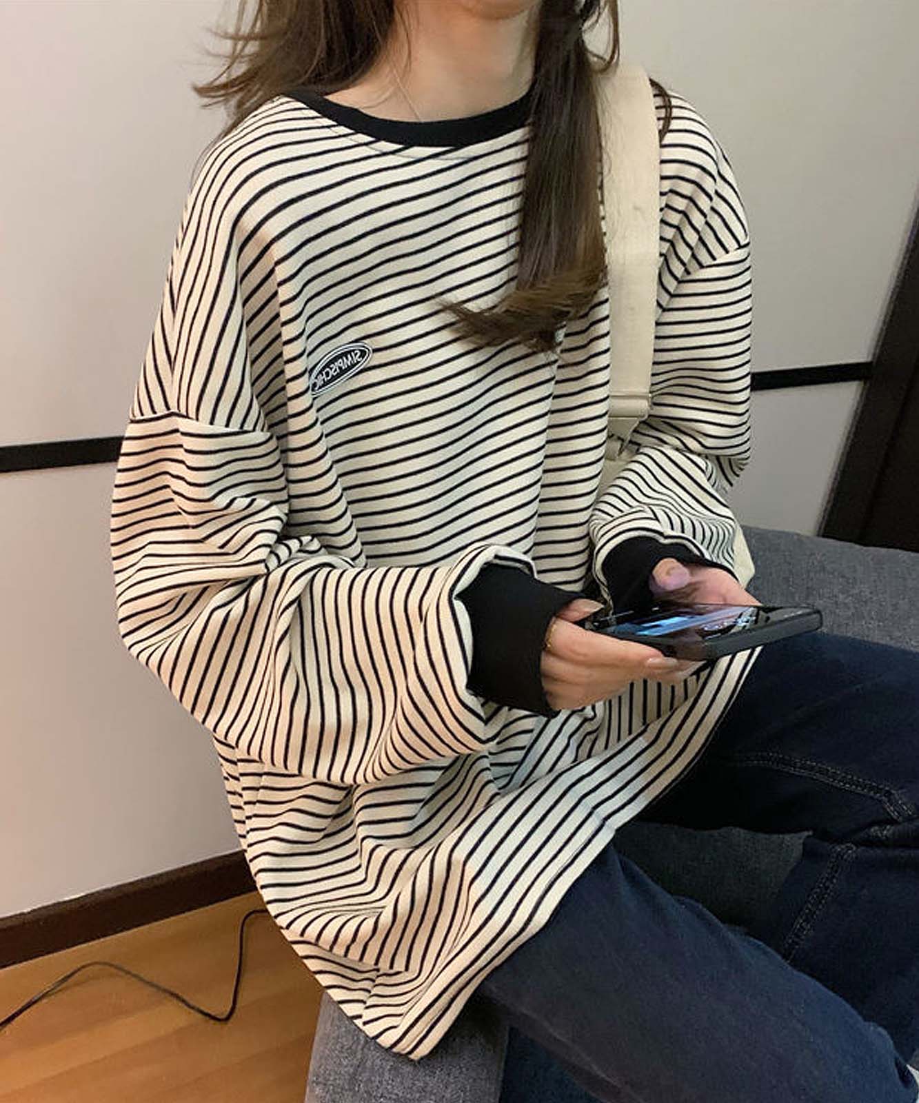 DEVICE select ワンポイントロゴ ボーダーロンT トレーナー メンズ