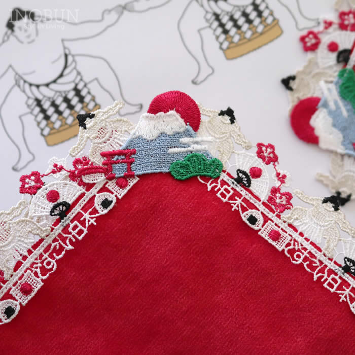 入荷待ち】近沢レース店 折り鶴 コーラルピンク 和レース タオルハンカチ