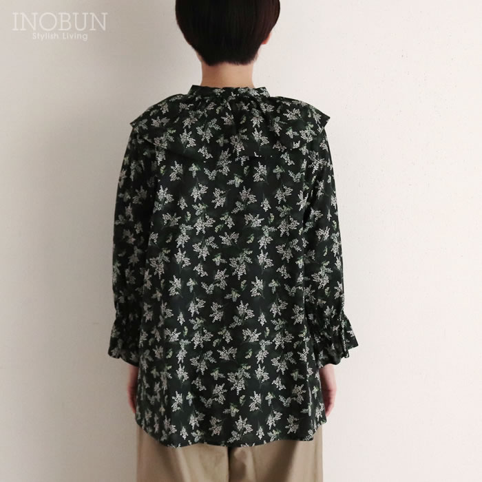 Crespi リバティ フリルブラウス Ms Mimosa ミモザ ブラック 八分袖 M