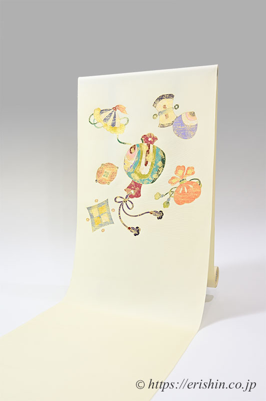 染名古屋帯（宝尽くし・摺箔/塩瀬）工芸キモノ 野口『着物・呉服えり新』