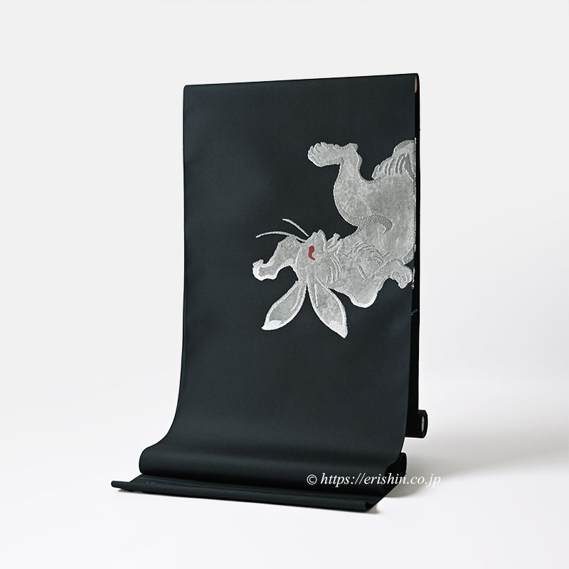 誉田屋源兵衛 九寸織名古屋帯（鳥獣戯画/兎の巻・黒緑色/誉座織） ※お