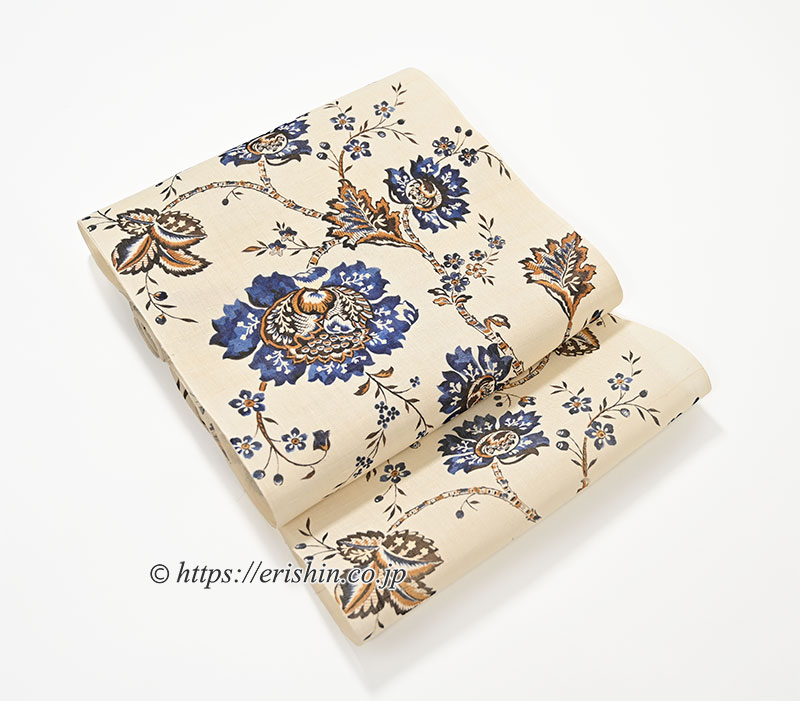 多ち花 染名古屋帯（大花更紗・山吹茶に藍/生紬）多ち花『着物・呉服