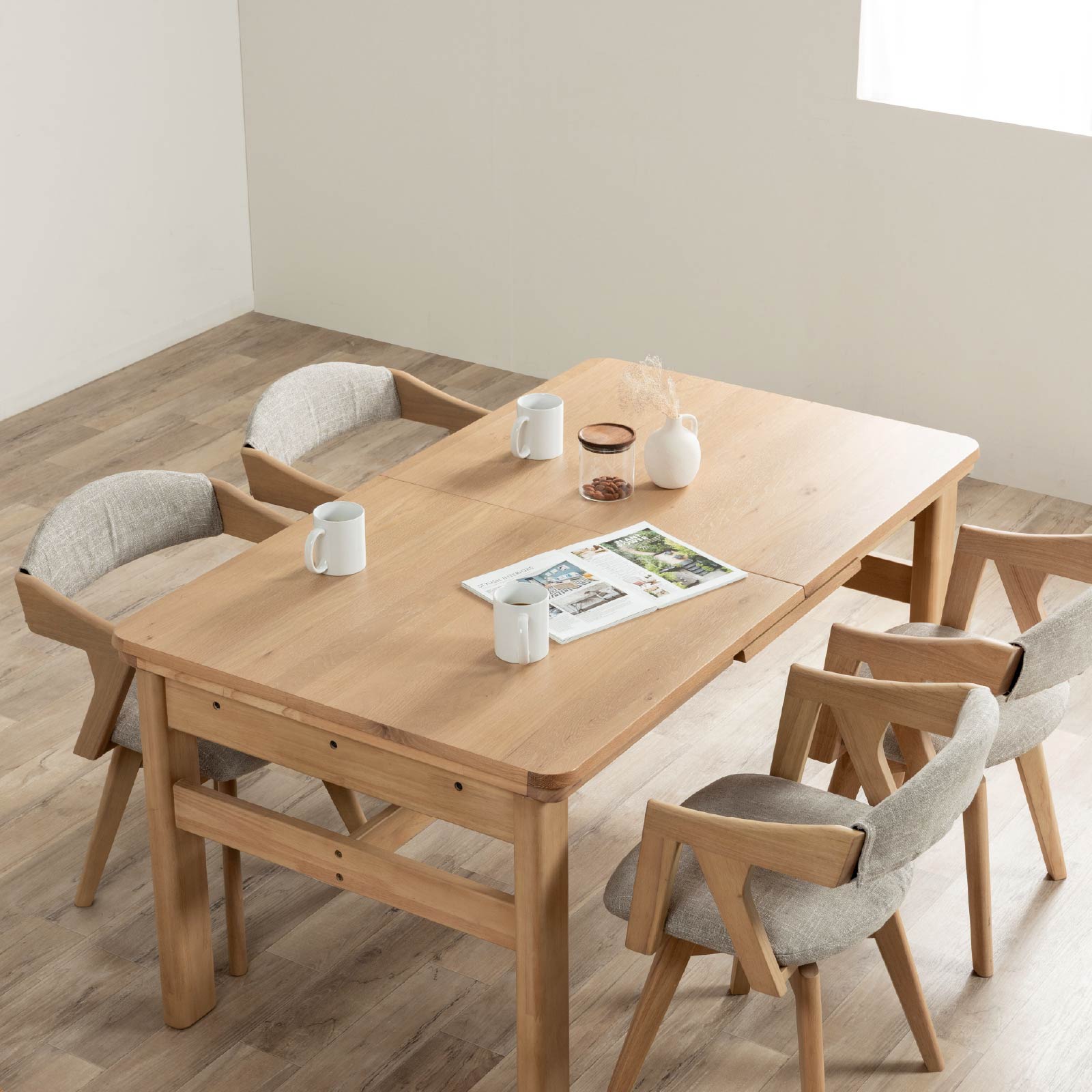 幅145］ 伸長 ダイニングテーブル 4本脚 オーク 無垢材