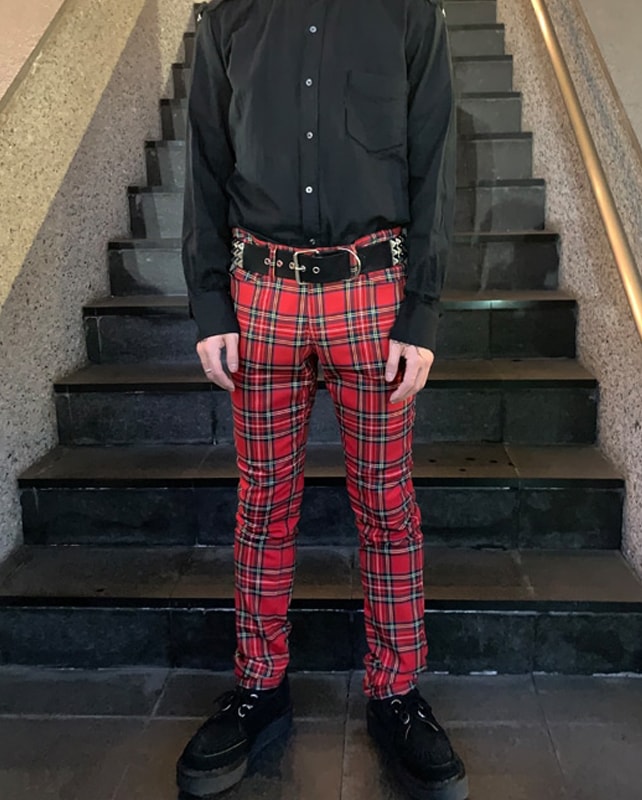 タータンチェック ストレッチスリムジーンズ｜『666』パンクロック