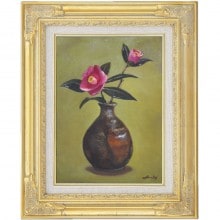 肉筆油彩画 「備前と椿」 萩原 淳 F6号 美術品 油絵 インテリア 額縁