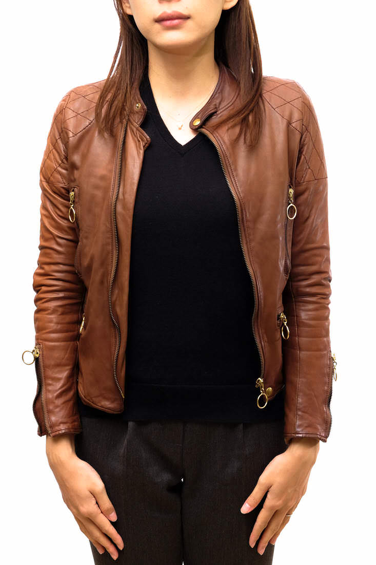 Sisii キルティングステッチ スラッシュジップアップ レザーブルゾン