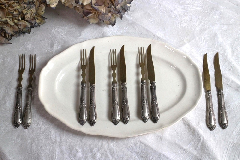 フランス 19世紀 純銀のシルバーナイフ＆フォークセット 4187