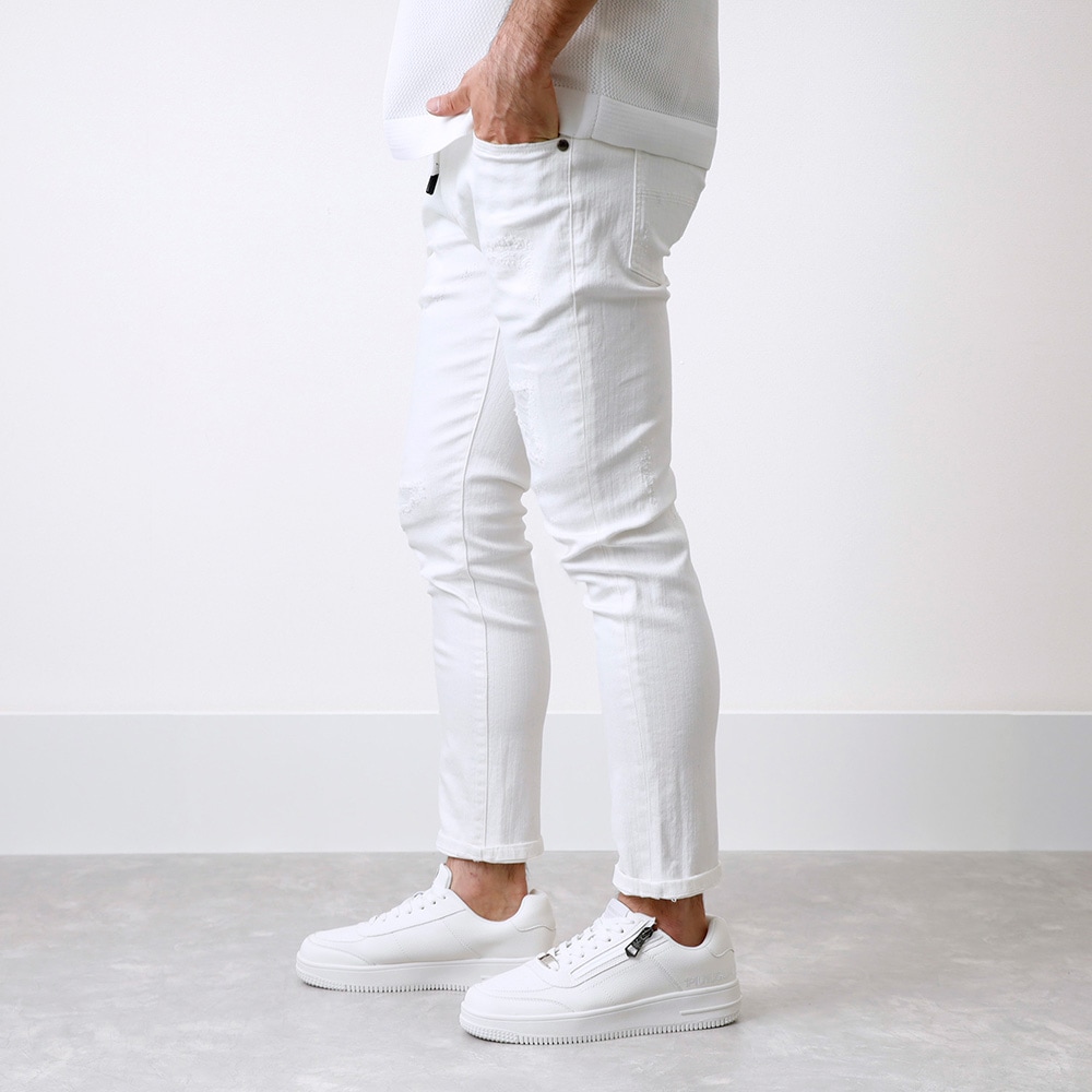 1PIU1UGUALE3 RELAX】ANKLE LENGTH DAMAGE DENIM PANTSアンクル丈