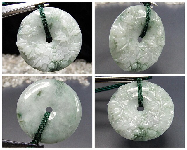 綺麗ひすい本翡翠ジェダイト花彫り平安扣ペンダント紐ネックレス