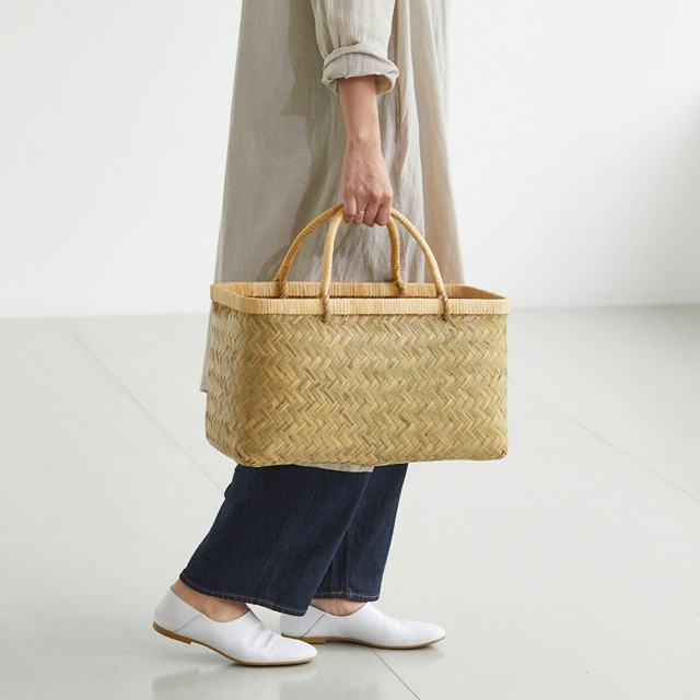 青竹市場かご(籐ハンドル/中サイズ)(約)幅41×マチ22×本体高さ24cm(約