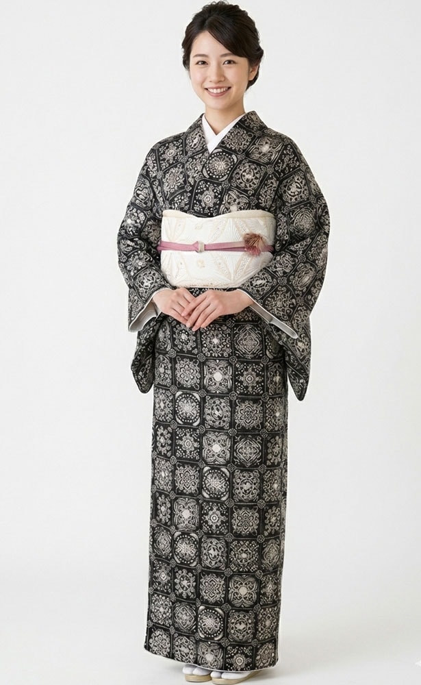 正絹訪問着レンタルフルセット「総柄汕頭蘇州刺繍/格子華紋