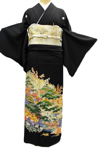 正絹黒留袖レンタルフルセット｢加賀友禅 四季の花々とおしどり