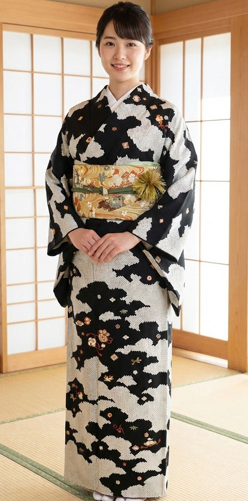 正絹訪問着 レンタルフルセット「総柄刺繍 雲取り鹿の子に宝尽くし