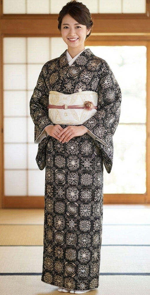 正絹訪問着レンタルフルセット「総柄汕頭蘇州刺繍/格子華紋