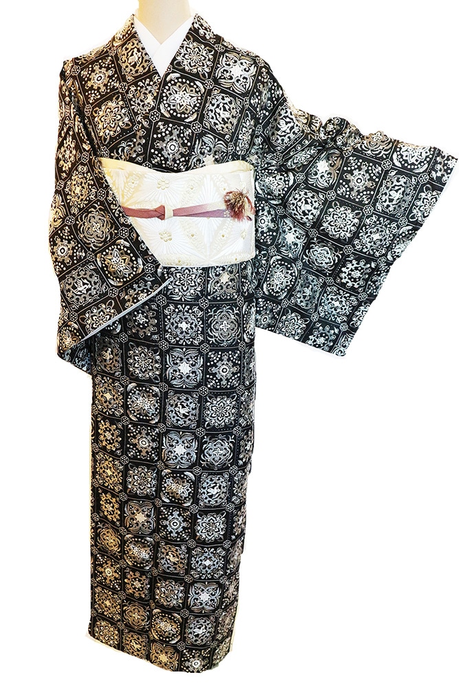 正絹訪問着レンタルフルセット「総柄汕頭蘇州刺繍/格子華紋