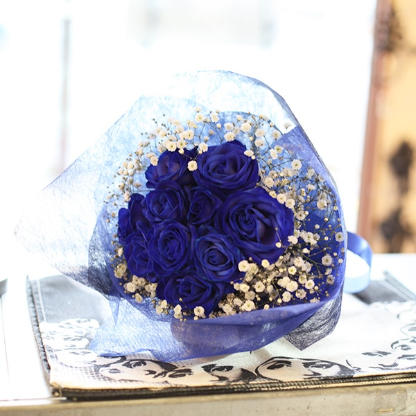 青いバラ10本とキラキラかすみ草のブーケ | 色から探す,青,青いバラ