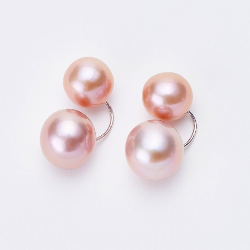 18金 淡水大珠ナチュラルピンク パールキャッチ デザインピアス