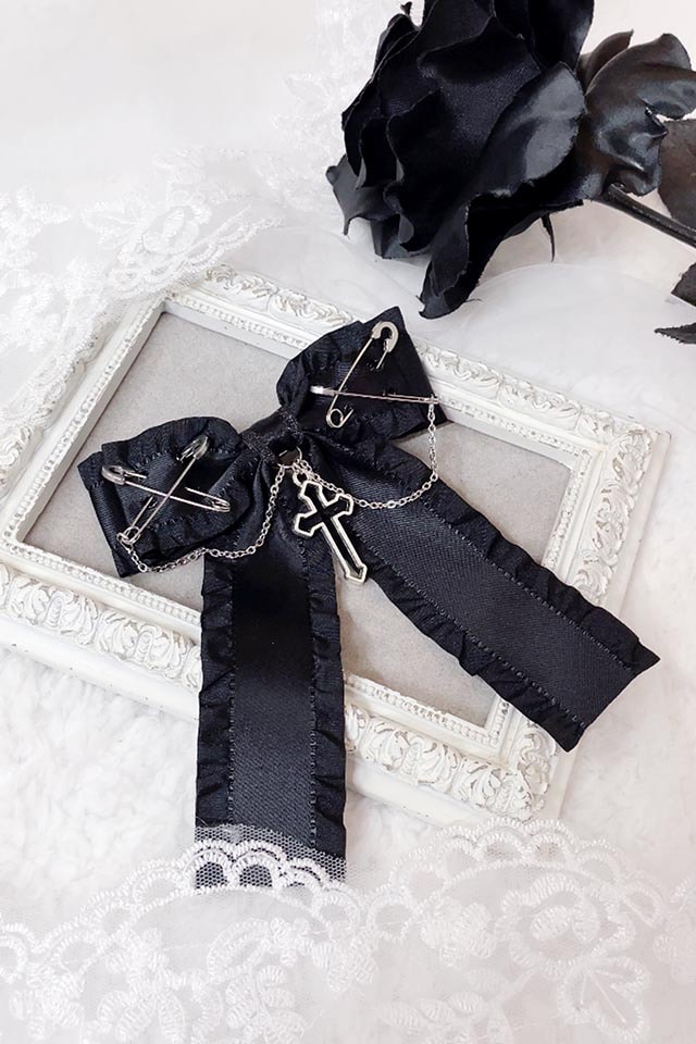 MA*RS】ピンクロス×クロスチェーンりぼんクリップ - ブラック size-F