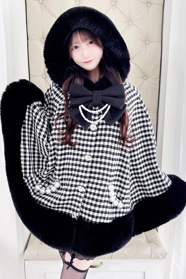 MARS リボン付きボリュームファーフードケープコート - ホワイト MA*RS