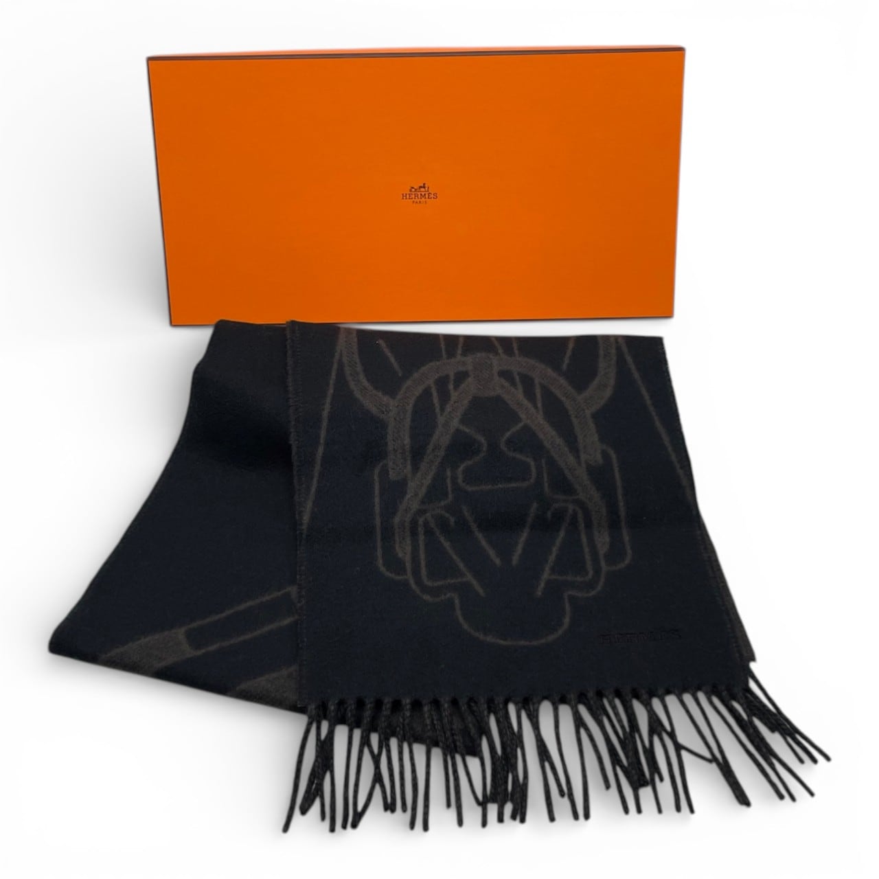 エルメス カシミヤマフラー テット・ア・テット・エケストル 25×170 黒