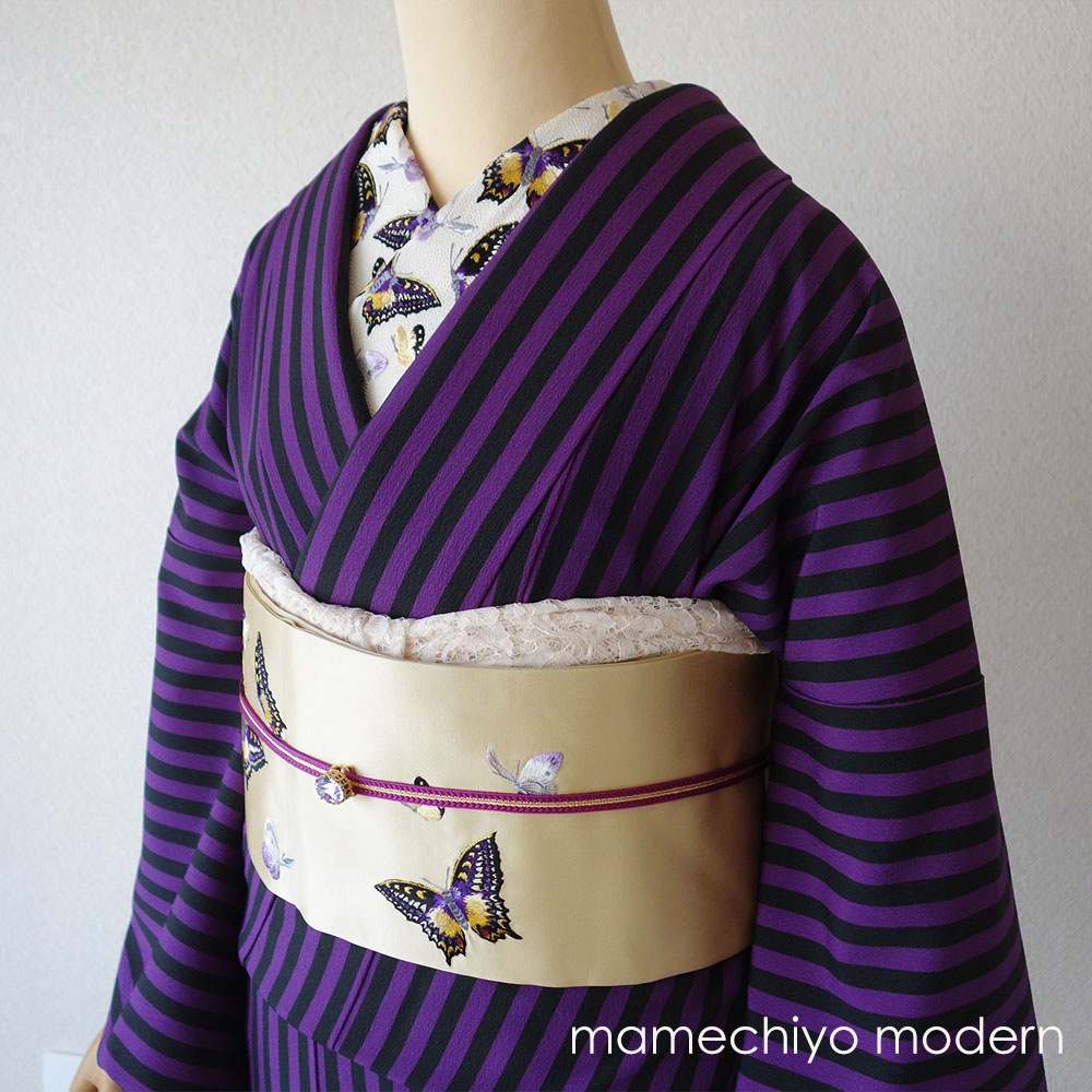 再入荷】普通袖 袷着物 キャンディ・ストライプ（ベルベッドパープル）