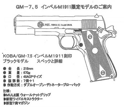 KOBA 発火型モデルガン GM-7.5 インベルM1911刻印 タニオコバ | モデル
