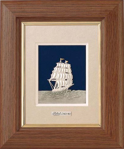 武比古 純銀 木製卓上額 茶 帆船 1号 | 銀製品,武比古 | 森銀器製作所