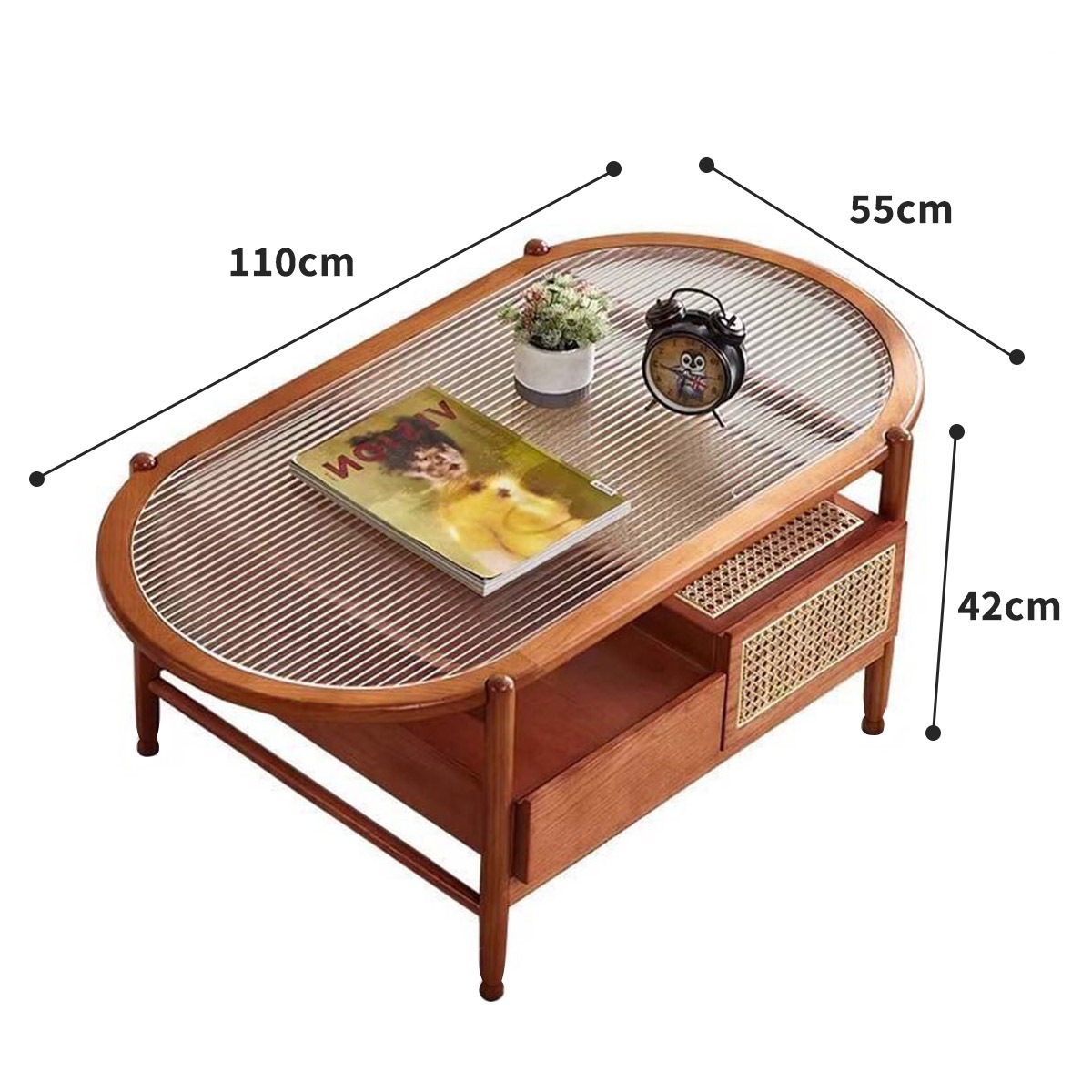 VeroMan ラタン編み ローテーブル 木の温もり ガラス天板 引き出し付き